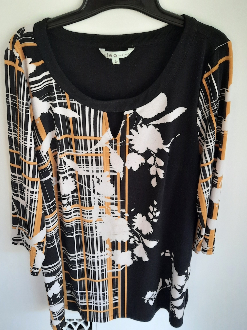 Cleo Petites Black Floral & Plaid Scoop Neck Tunic Top Size L
